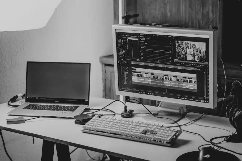 Laptop and Computer on the Desk with Video Editing